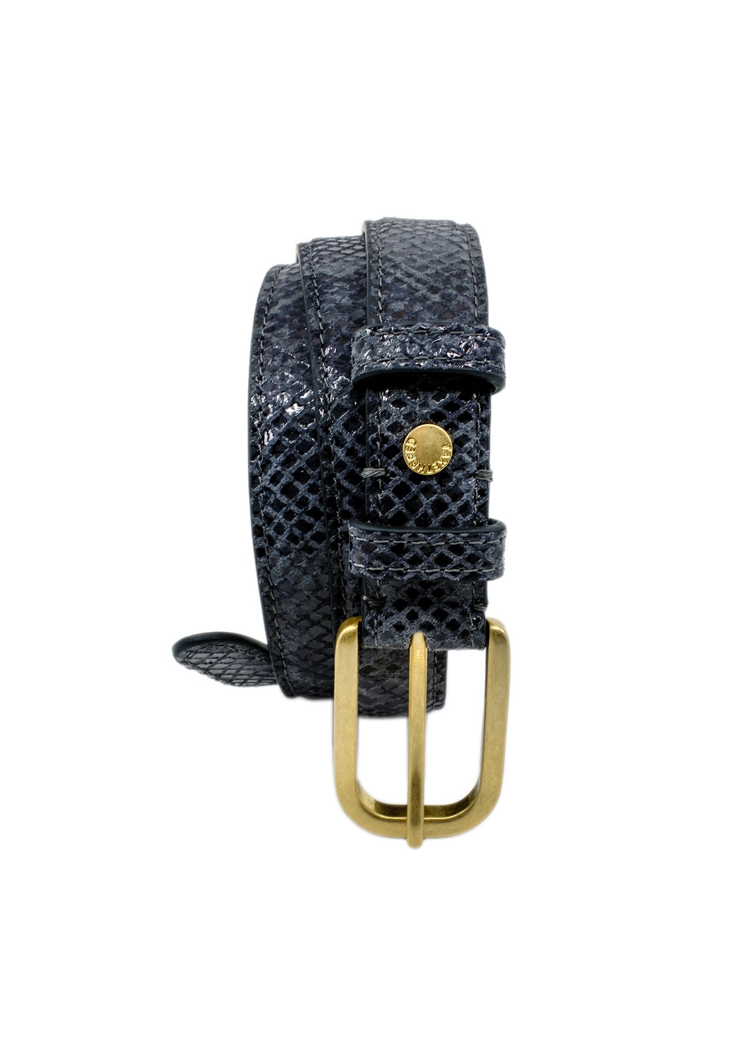 Close-up of coiled snakeskin embossed leather belt showing gold buckle and textured detail.