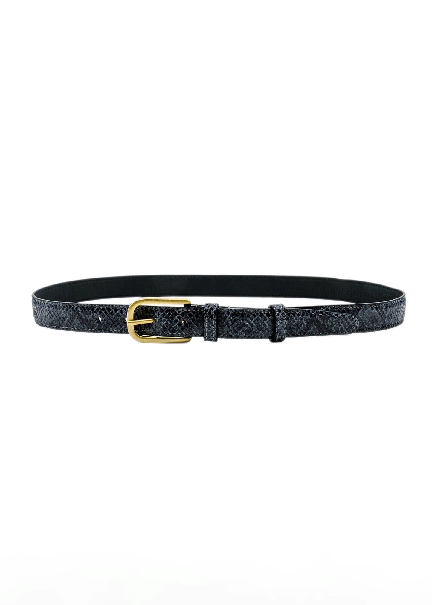 Storm grey snakeskin embossed leather belt with gold buckle, fastened and isolated on white.