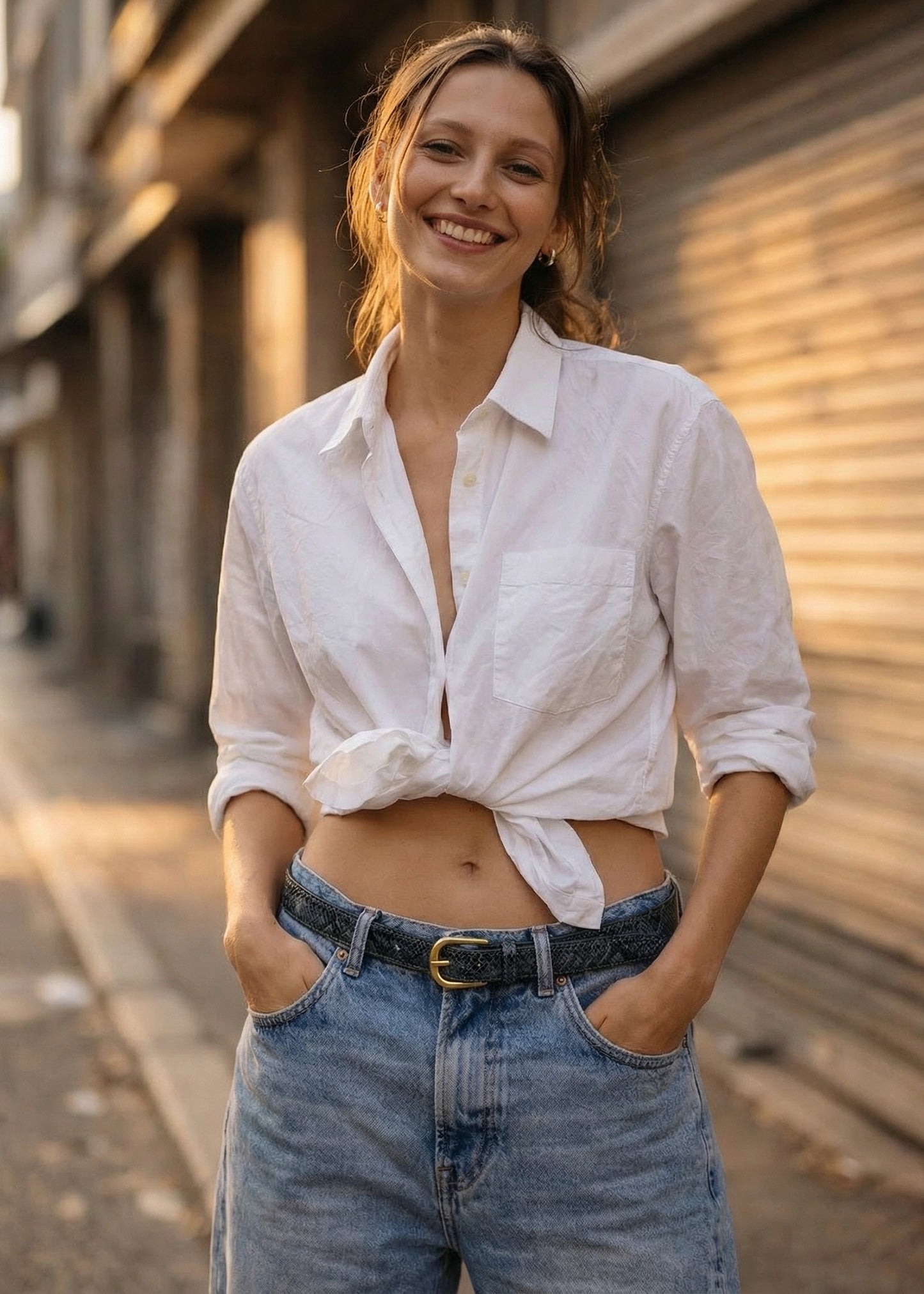 Grey snakeskin embossed belt with a gold buckle, styled on light blue jeans with a knotted white shirt.